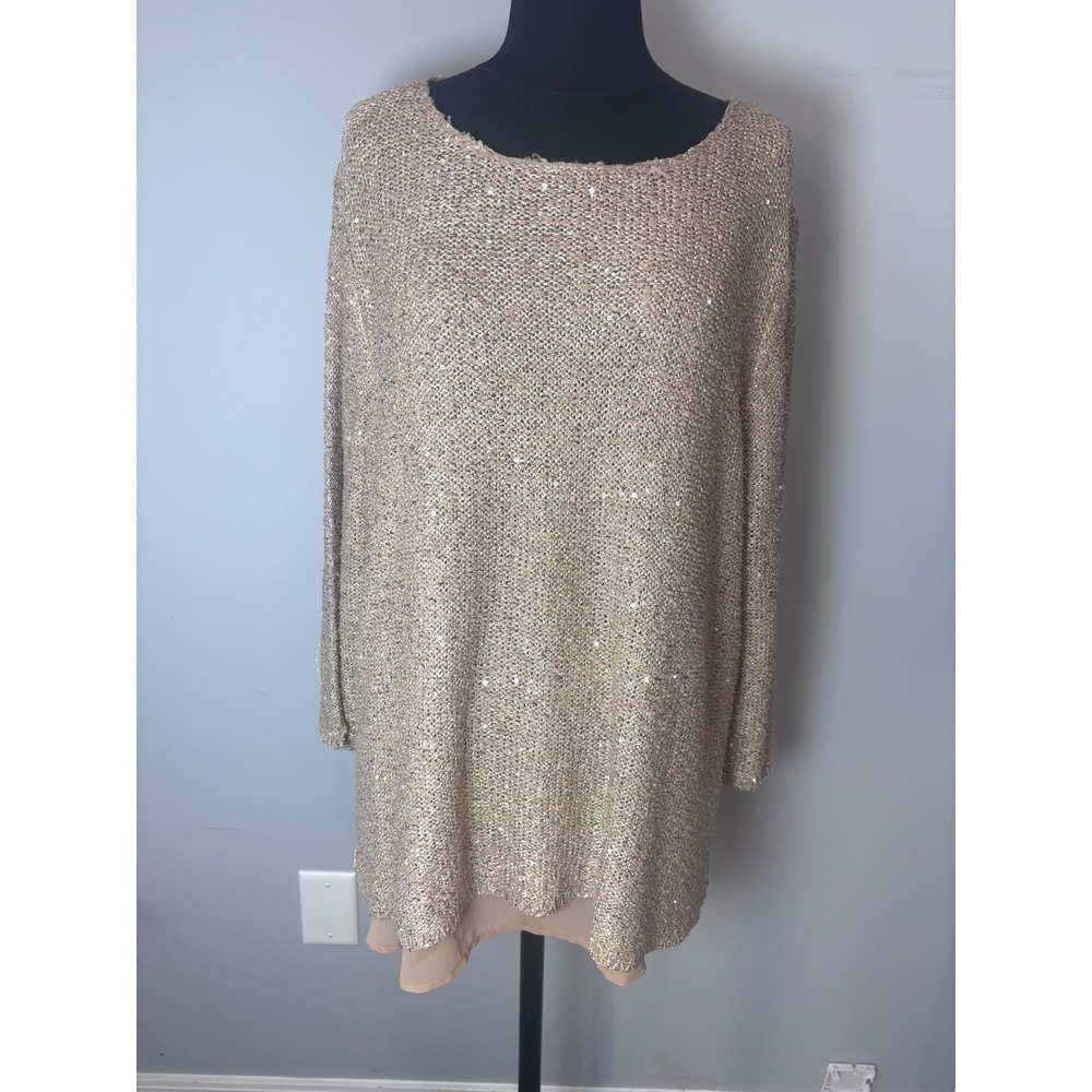 Gibson Latimer Embellished Knit Sweater Dress Beige Sequins Sheer Hem XL